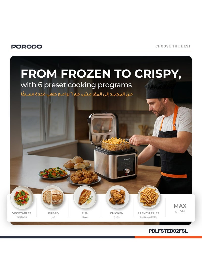 بورودو مقلاة كهربائية لايف ستايل سعة 2.5 لتر بقوة 1200 واط مع درجة حرارة قابلة للتعديل، سلة قلي قابلة للغسل، مقبض بارد الملمس، غطاء قابل للإزالة، صينية ووعاء غير لاصقين، نظام تهوية متطور، مصنوعة من الفولاذ المقاوم للصدأ، تحكم دقيق في الطهي، قوة قلي ذكية، مؤشر ضوئي - فضي - Image 3